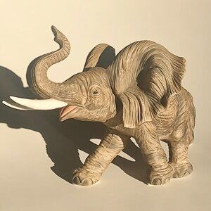 African Elephant with Raised Trunk and Tusks Vintage Ceramic 1970s Taiwan